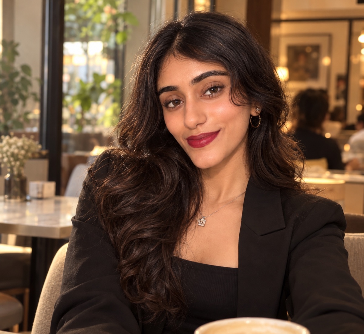Mrunmayi, smiling at a café